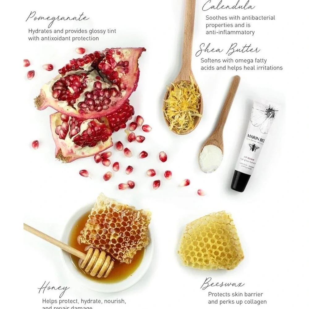 Marin Bee Lip Repair High Gloss Hydration Honey Calendula Pomegranate 0.32oz NEW